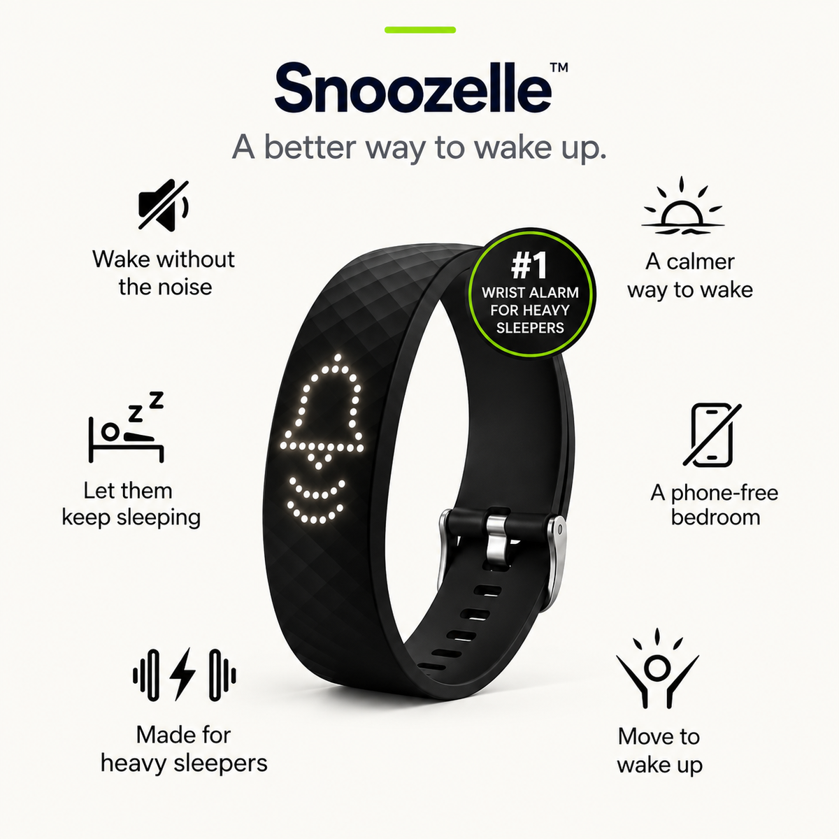 Snoozelle™ – Alarma de vibración vestible para despertar suavemente a diario
